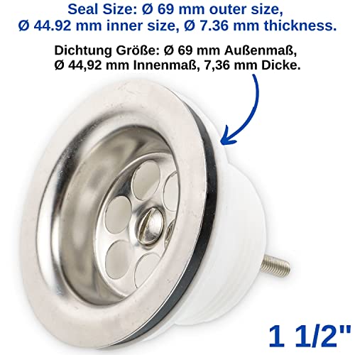 Válvula de drenaje para fregadero, 1 set, Ø 70 mm - 1 ½ Pulgadas, Parte superior en acero inoxidable 201, Tornillo de montaje M6 x 60, Base PP con tuerca de latón, Sello de PVC y tapón 45.5 mm, Tapa