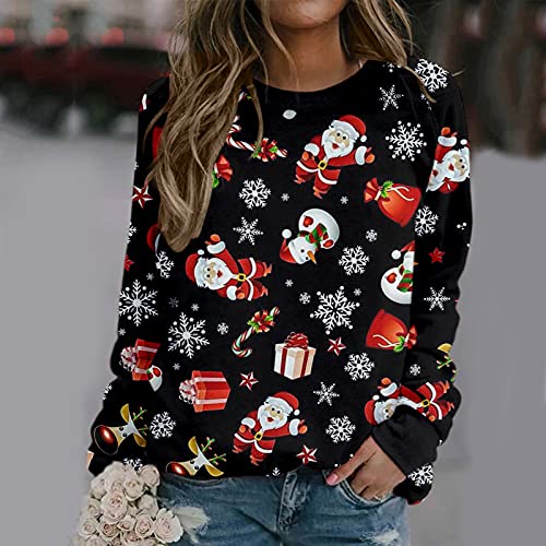 VEMOW Camisetas Blusas de Manga Larga Suelto para Mujer Otoño Invierno Sudadera Navidad Reno Sudaderas Divertido Estampado de Navideño Pullover Chica Casual Tops Talla Grande (B Red, L)