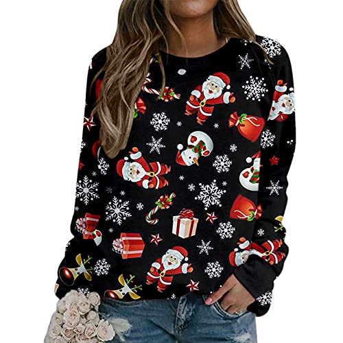 VEMOW Camisetas Blusas de Manga Larga Suelto para Mujer Otoño Invierno Sudadera Navidad Reno Sudaderas Divertido Estampado de Navideño Pullover Chica Casual Tops Talla Grande (B Red, L)