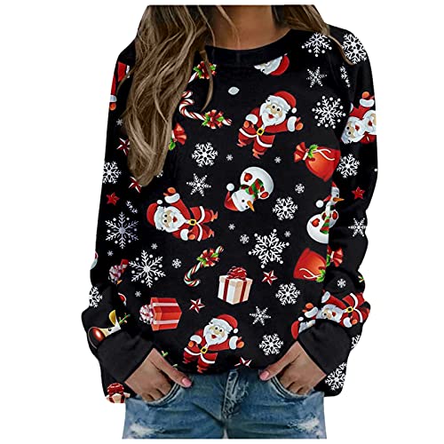 VEMOW Camisetas Blusas de Manga Larga Suelto para Mujer Otoño Invierno Sudadera Navidad Reno Sudaderas Divertido Estampado de Navideño Pullover Chica Casual Tops Talla Grande (B Red, L)