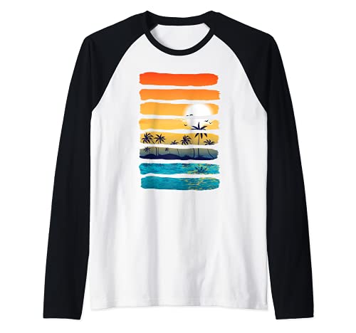 Verano Palmera Playa Atardecer Vacaciones Océano Paraíso Camiseta Manga Raglan