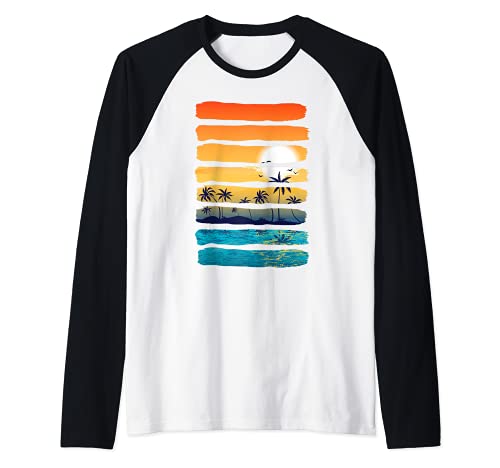 Verano Palmera Playa Atardecer Vacaciones Océano Paraíso Camiseta Manga Raglan