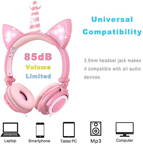 VERORAS Auriculares Infantiles con diseño de Unicornio y Gato Iluminado, con luz LED, Ajustable, Plegables, 85 dB de Volumen Limitado (Pétalo Rosa Unicornio)