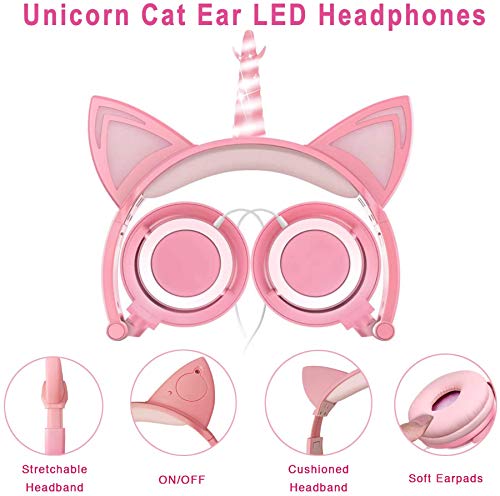 VERORAS Auriculares Infantiles con diseño de Unicornio y Gato Iluminado, con luz LED, Ajustable, Plegables, 85 dB de Volumen Limitado (Pétalo Rosa Unicornio)