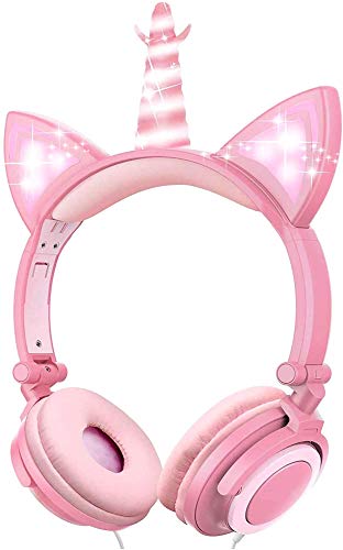 VERORAS Auriculares Infantiles con diseño de Unicornio y Gato Iluminado, con luz LED, Ajustable, Plegables, 85 dB de Volumen Limitado (Pétalo Rosa Unicornio)