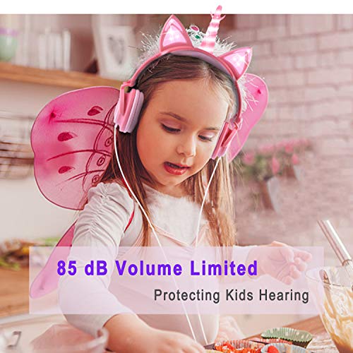 VERORAS Auriculares Infantiles con diseño de Unicornio y Gato Iluminado, con luz LED, Ajustable, Plegables, 85 dB de Volumen Limitado (Pétalo Rosa Unicornio)