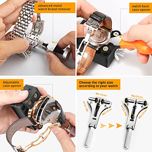 【Versión combinada】Eventronic Kit de Reparación de Relojes+Prensa de Tapa, Juego de Herramientas de Barra de Resorte Profesional, Juego de Herramientas Pasador de Enlace de Banda de Reloj con Estuche