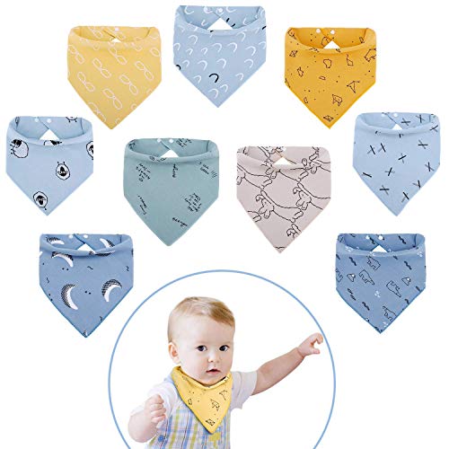 Viedouce Baberos Bebe Bandanas con 2 Ajustables Botón a Presión,100% Algodón Orgánico,Suave & Absorbente,Baberos Drool para Niños Niñas,Juego de 9, Azul, Amarillo, Verde, Beige