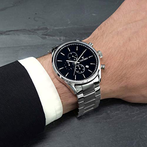 Vincero Reloj de pulsera para hombre Luxury Chrono S, cronógrafo, correa de acero de 43 mm, mecanismo de cuarzo japonés., Acero negro y plateado, 43mm, Pulsera