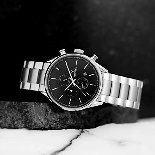 Vincero Reloj de pulsera para hombre Luxury Chrono S, cronógrafo, correa de acero de 43 mm, mecanismo de cuarzo japonés., Acero negro y plateado, 43mm, Pulsera