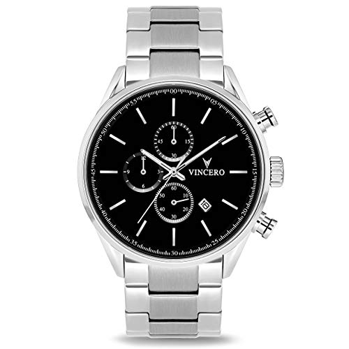 Vincero Reloj de pulsera para hombre Luxury Chrono S, cronógrafo, correa de acero de 43 mm, mecanismo de cuarzo japonés., Acero negro y plateado, 43mm, Pulsera