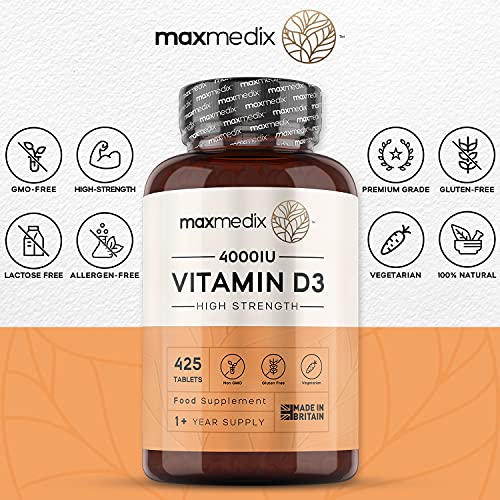 Vitamina D3 4000 UI Vegetariana de Alta Potencia - 425 Días de Suministro, Vitamina D Colecalciferol de Alta Biodisponibilidad, Contribuye a la Función Normal del Sistema Inmunológico, 425 Comprimidos