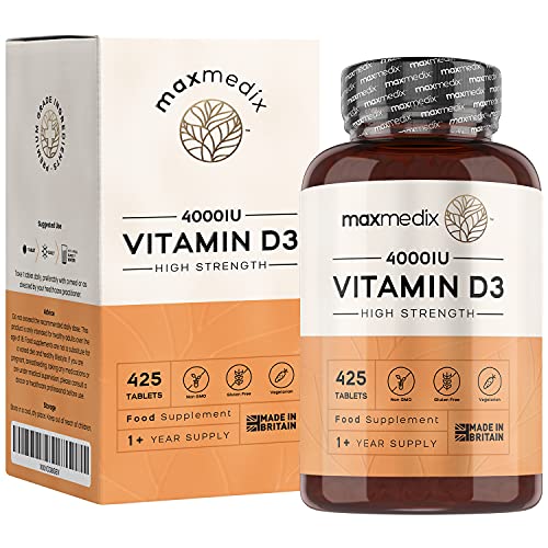 Vitamina D3 4000 UI Vegetariana de Alta Potencia - 425 Días de Suministro, Vitamina D Colecalciferol de Alta Biodisponibilidad, Contribuye a la Función Normal del Sistema Inmunológico, 425 Comprimidos