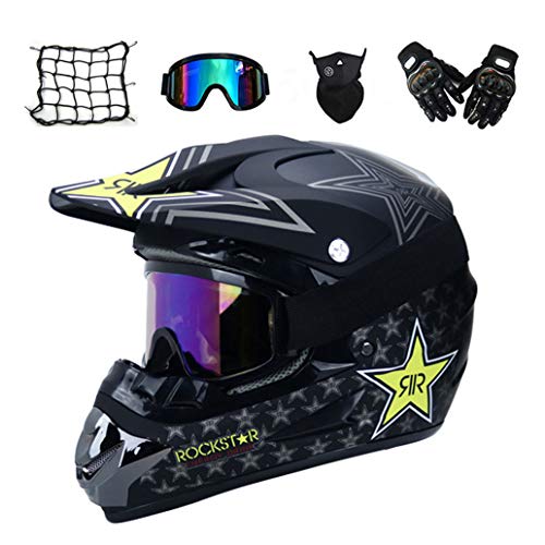 VOMI Casco Descenso Hombre, Negro/Rockstar - Adulto Casco Motocross Enduro MTB con Gafas/Máscara/Guantes/Red Elástica, Casco Cross Quad Off Road ATV Scooter,L