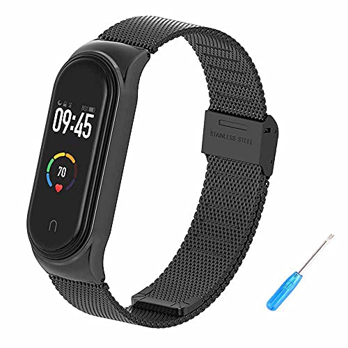 Wanme Metal Correa Compatible para Xiaomi Mi Band 4 Correa Xiaomi Mi Band 3 Correa, Pulsera de Repuesto de Acero Inoxidable Hebilla de Metal para Xiaomi Mi Smart Band 4 (Negro)