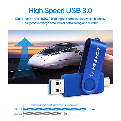 Wansenda TC108 - Memoria USB Tipo C USB 3.0 de 64 GB USB C Pen Drive Dual OTG Flash Drive para Samsung Galaxy S8 / S8 + / S9 / S9 + / S10, Note 8, LG G6, V30, Google Pixel XL (64G, Azul Marino)