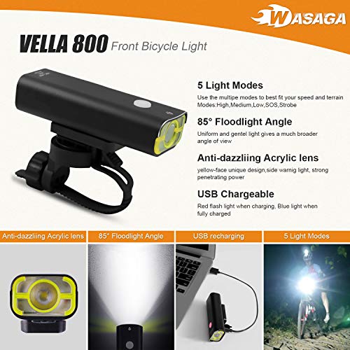 WASAGA Luces de Bicicleta, Serie de Faros de Bicicleta Vella 400/800/1000/1600 Lúmenes para MTB/Bbicicleta de Carretera o Entusiasta de Ciclismo Profesional/Principiante de Paseo Nocturno