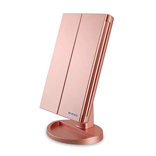 WEILY Espejo de Maquillaje, 1x / 2X / 3X Magnificación Triple Espejo Plegable Lámpara LED con 36 Luces LED Pantalla táctil y Carga USB Rotación de 180 Grados con mostrador (Oro Rosa)