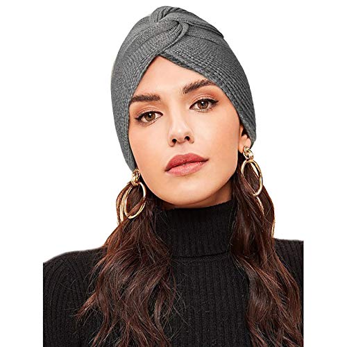 WELROG Gorro turbante de punto para mujer Gorra cruzada de invierno con cruzado para mujer Tapa de pila para el cáncer Pérdida de cabello con alopecia de quimioterapia (Gris oscuro)