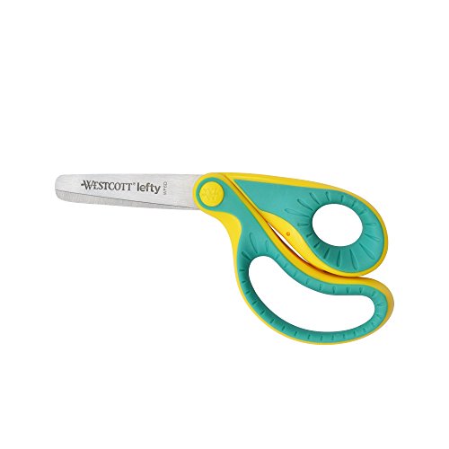 Westcott Ergo JR. Lefty E-22003 00 - Tijeras ergonómicas para niños zurdos, hoja de acero de 5,3 cm, mango suave, color verde/amarillo, 13,3 cm