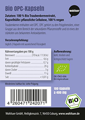 Wohltuer, OPC cápsulas orgánicas en polvo de semilla de uva sin tratar y natural 100 piezas a 400mg