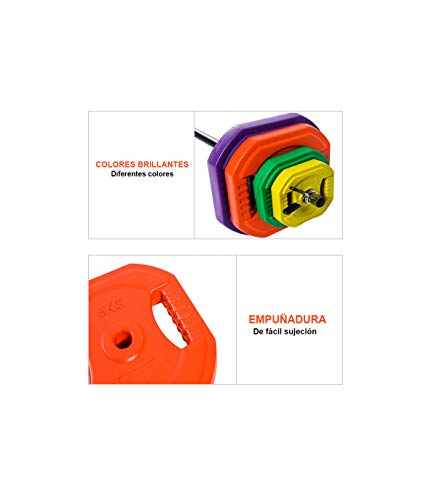 Wonduu Riscko Set de Body Pump con Barra y Discos de Colores. Peso Total Discos 20 kg.