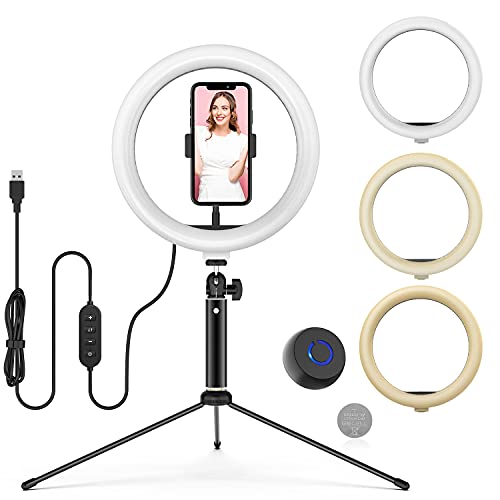 WONEW Anillo de Luz LED 10" de Escritorio, 3 Colores 10 Brillos con Regulables, Control Remoto, USB, Trípode con Soporte Giratorio de Teléfono para Selfie/ Maquillaje/ Youtube/ TIK Tok