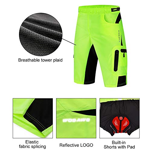 WOSAWE Pantalones Cortos de Ciclismo para Hombre Transpirable Gel 3D Acolchada Sueltos MTB Ropa Interior Pantalones (Verde XXXL)