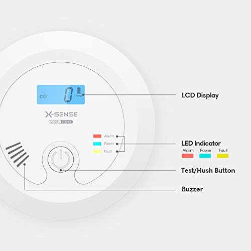 X-Sense Detector de CO con batería Intercambiable y Pantalla LCD, Alarma de monóxido de Carbono con botón de Prueba, CO03B