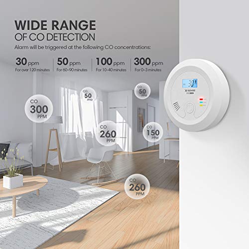 X-Sense Detector de CO con batería Intercambiable y Pantalla LCD, Alarma de monóxido de Carbono con botón de Prueba, CO03B