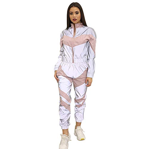 Xingsiyue Conjunto de Trajes Reflectantes con Cremallera de 2 Piezas para Mujer, Chaqueta de Manga Larga + Pantalones de Cintura Elástica Conjunto