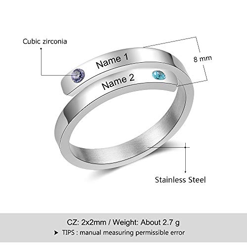 XiXi Anillo Personalizado con 2 Nombres Acero Inoxidable Ajustable Anillo Grabado Mujer Anillo con Piedras de Nacimiento Regalo para Madre en Cumpleaños Aniversario