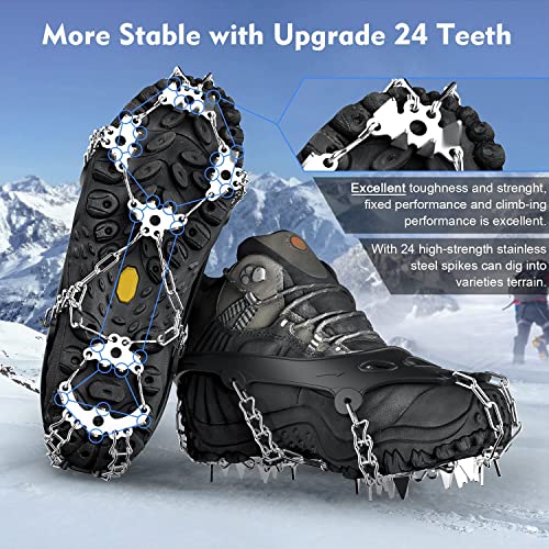 Yesloo Crampones, 24 Garras de Dientes Crampones Cubierta Antideslizante de Zapatos con Cadena de Acero Inoxidable para Excursiones Escalada Trotar Montañismo, Senderismo Marcha Invierno Acampada