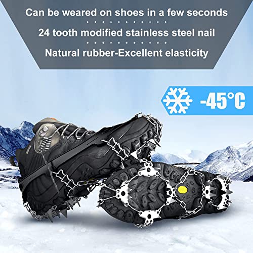 Yesloo Crampones, 24 Garras de Dientes Crampones Cubierta Antideslizante de Zapatos con Cadena de Acero Inoxidable para Excursiones Escalada Trotar Montañismo, Senderismo Marcha Invierno Acampada