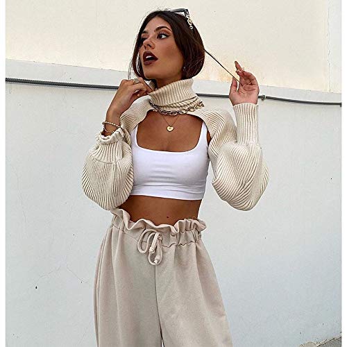 YINGDATETUI Mujeres Top de Punto de Punto Manguitos de Cuello Alto suéter de Manga Larga con Estilo Ocasional del suéter de Femme Jumper Prendas de Punto Top (Color : White, Size : One Size)