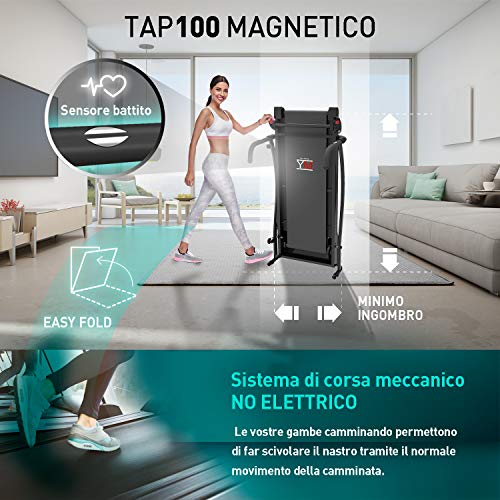 YM TAP100M Cinta de Caminadora Plegable Magnética, Sensor Cardìaco, Monitor LCD, 8 Niveles De Ejercicio, 3 Niveles De Inclinacìon, Ruedas, Nuevo Diseno 2021, Sistema Mécanico (NO Eléctrico)