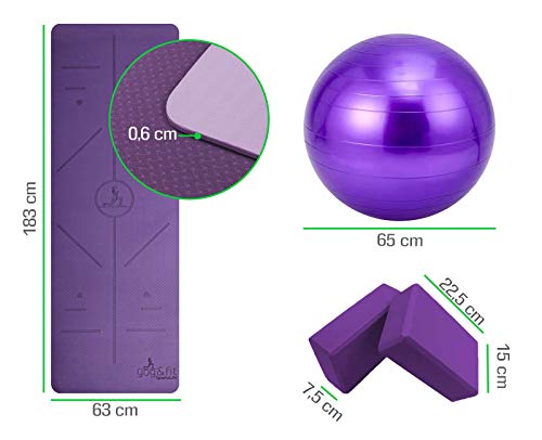 YOG&FIT- Pack Premium Yoga/Pilates. Kit/Set Yoga Principiantes e iniciados (6 Productos) 1 Esterilla Yoga Antideslizante 6mm TPE, 2 Bloques EVA,1 Pelota 65Cm, 1 Bolsa Transporte y 1correa. (Morado)