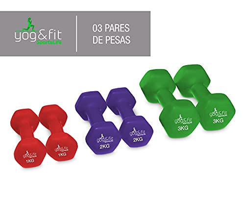 YOG&FIT-PH-006 Kit de Pesas, Mancuernas Hexagonales de Neopreno, Juego de 12kg 3 Pares Mancuernas de 2 x 1 kg, 2 x 2 kg y 2 x 3 kg con Soporte