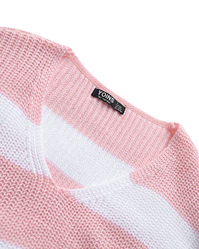 YOINS Jersey Mangas Larga para Mujer Suéter Holgado con Cuello En V Pullover De Punto Calor Casual Rayas-Rosado M