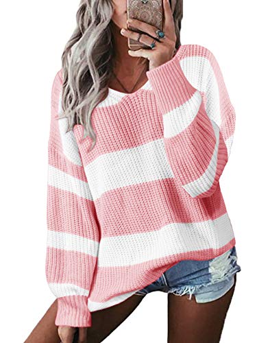 YOINS Jersey Mangas Larga para Mujer Suéter Holgado con Cuello En V Pullover De Punto Calor Casual Rayas-Rosado M