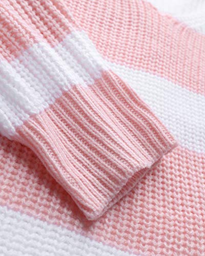 YOINS Jersey Mangas Larga para Mujer Suéter Holgado con Cuello En V Pullover De Punto Calor Casual Rayas-Rosado M