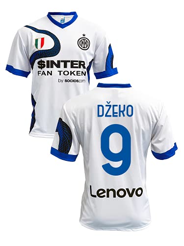 ZeroPlayer Camiseta del Inter Edin Dzeko 9 Away 2021 2022, réplica oficial (Talla 2, 4, 6, 8, 10, 12 años para niño) (Talla S, M, L, XL, XXL, Adulto) blanco, azul, negro, 100% poliéster