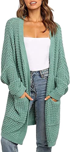 ZHZHUANG Señoras Jersey Mujer S Cardigan Suéter Manguito Largo Batwing Frente Abrir Frente Chunky Oversizados Overwear Outwear Sweater/Verde/L