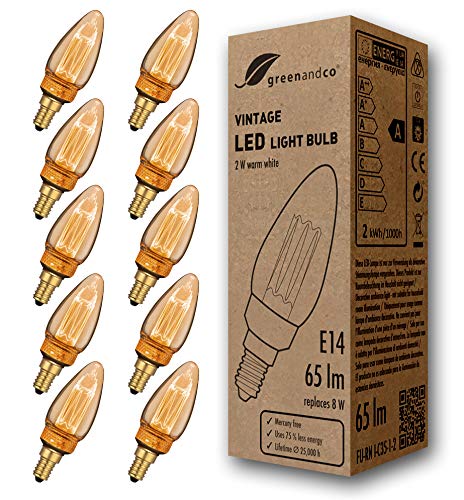 10x Bombilla LED greenandco® decorativa estilo vintage antiguo Edison E14 C35 2W 65lm 1800K (blanco extra cálido) 320° 230V vidrio, sin parpadeo, no regulable