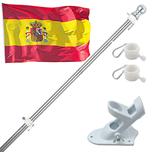 180cm Kit de Asta de Bandera de Aluminio con Soporte Asta de Bandera de Acero Inoxidable, kit de Barra de Bandera de Montaje en Pared Exterior con Anillos Giratorios, Incluye Bandera Española