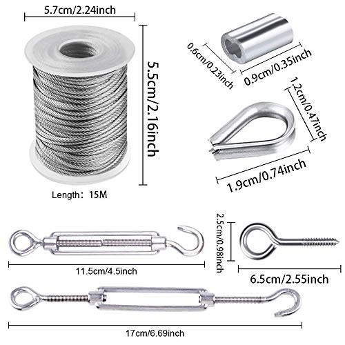 19 Piezas Kit Suspensión de Cuerda,Tensores Alambre,Cable de Acero Inoxidable Nylon,Tensor y Ganchos,para colgar luces de cadena,fotos,Jardín,cables de acero inoxidable para jardín