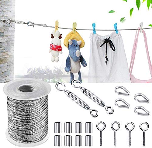 19 Piezas Kit Suspensión de Cuerda,Tensores Alambre,Cable de Acero Inoxidable Nylon,Tensor y Ganchos,para colgar luces de cadena,fotos,Jardín,cables de acero inoxidable para jardín