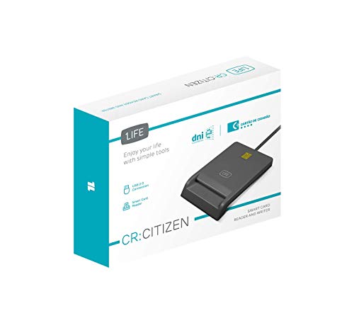 1LIFE Lector Tarjeta Electrónico Citizen -1IFECRCITIZEN- Compatible con Cartão de Cidadão (Portugal) y DNI Electrónico (España). Conexión USB 2.0, Dimensiones 65x85x18mm, Color Negro