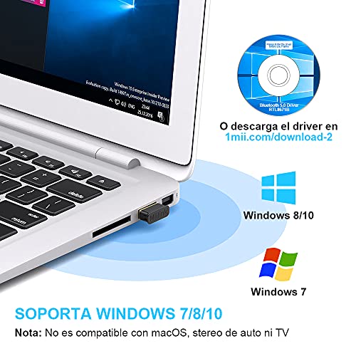 1mii [Nuevo] Adaptador Bluetooth 5.0 USB Dongle Bluetooth para PC Compatible con Windows 10/8.1/8 /7, Receptor Bluetooth USB Ordenador/Portátil para Auriculares, Altavoz Bluetooth, Teclado, Ratón