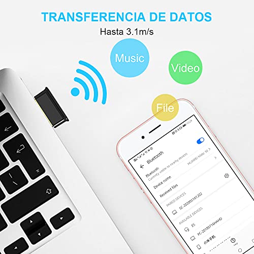 1mii [Nuevo] Adaptador Bluetooth 5.0 USB Dongle Bluetooth para PC Compatible con Windows 10/8.1/8 /7, Receptor Bluetooth USB Ordenador/Portátil para Auriculares, Altavoz Bluetooth, Teclado, Ratón